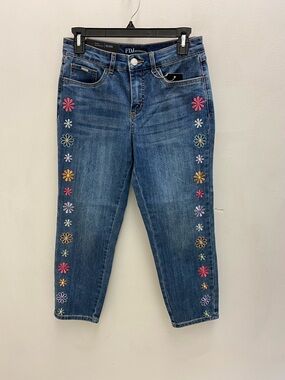 FDJ Blue Cropped Jeans with Multicolor Embroidered Flowers
